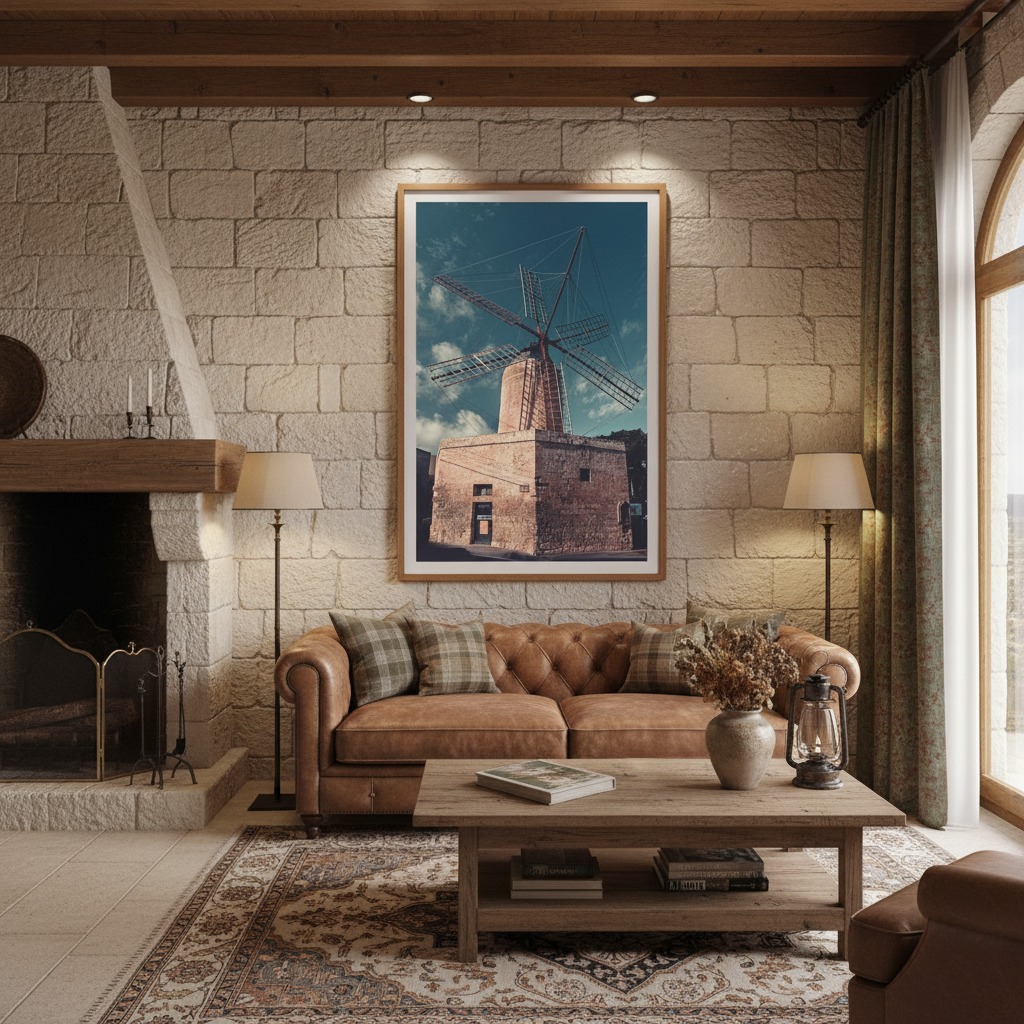A modern living room with a large, framed print of the Gozo Xewkija Il-Mitħna tat-Tmien Kantunieri on the wall above a minimalist sofa, with a potted plant and natural light streaming in.