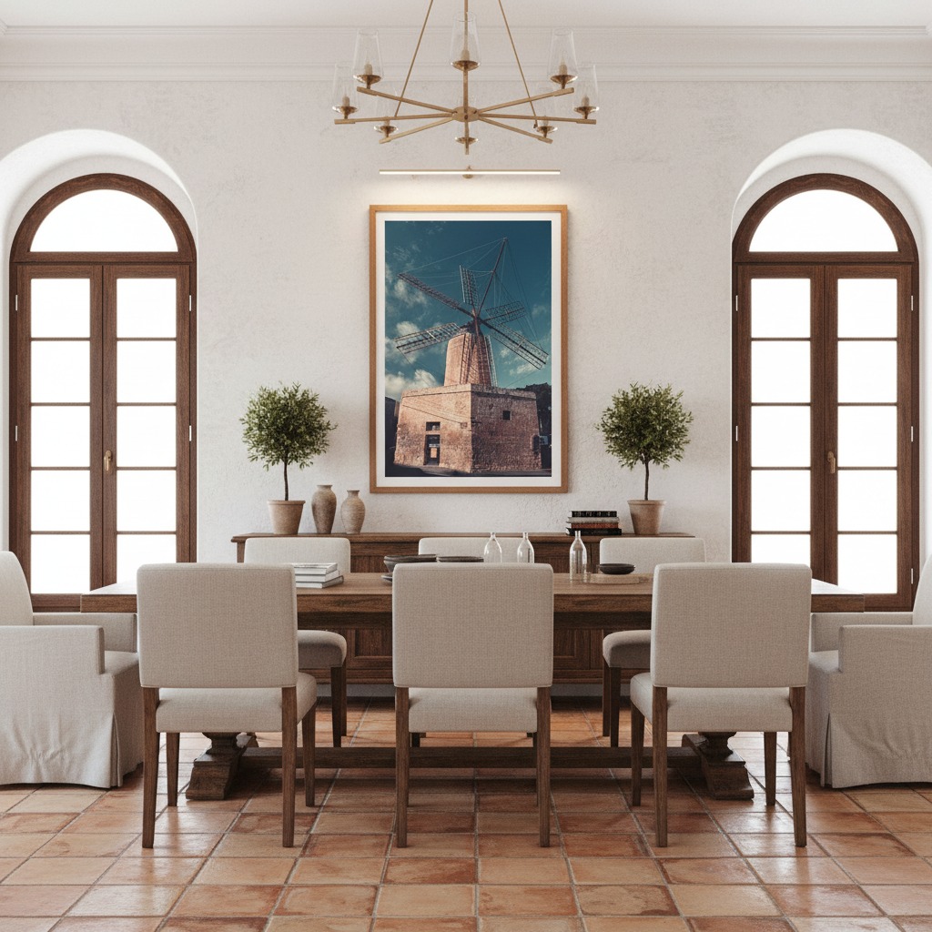 A minimalist living room with a large window overlooking a city. A person is sitting on a sofa reading a book, and on the wall hangs the 'Gozo Xewkija Il-Mitħna tat-Tmien Kantunieri' wall art.