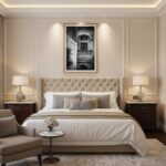 A framed print of the Malta Mdina Arch Balcony hanging on a light gray wall above a white sofa with a wooden coffee table in front of it. A green plant in a pot sits on the coffee table, and a woven rug is on the floor.