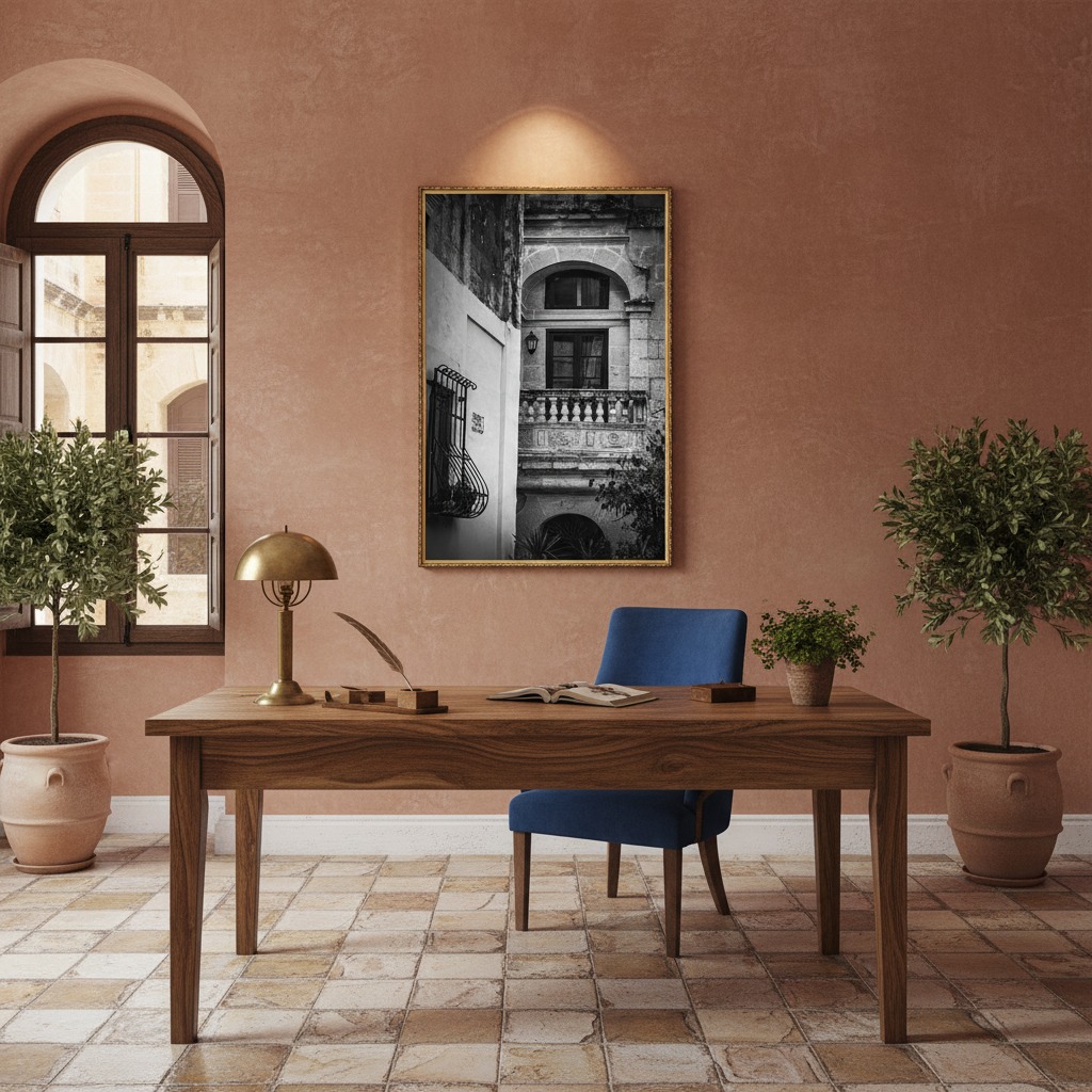 A chic living room with a Malta Mdina Arch Balcony canvas print hanging above a minimalist sofa, bathed in natural light.