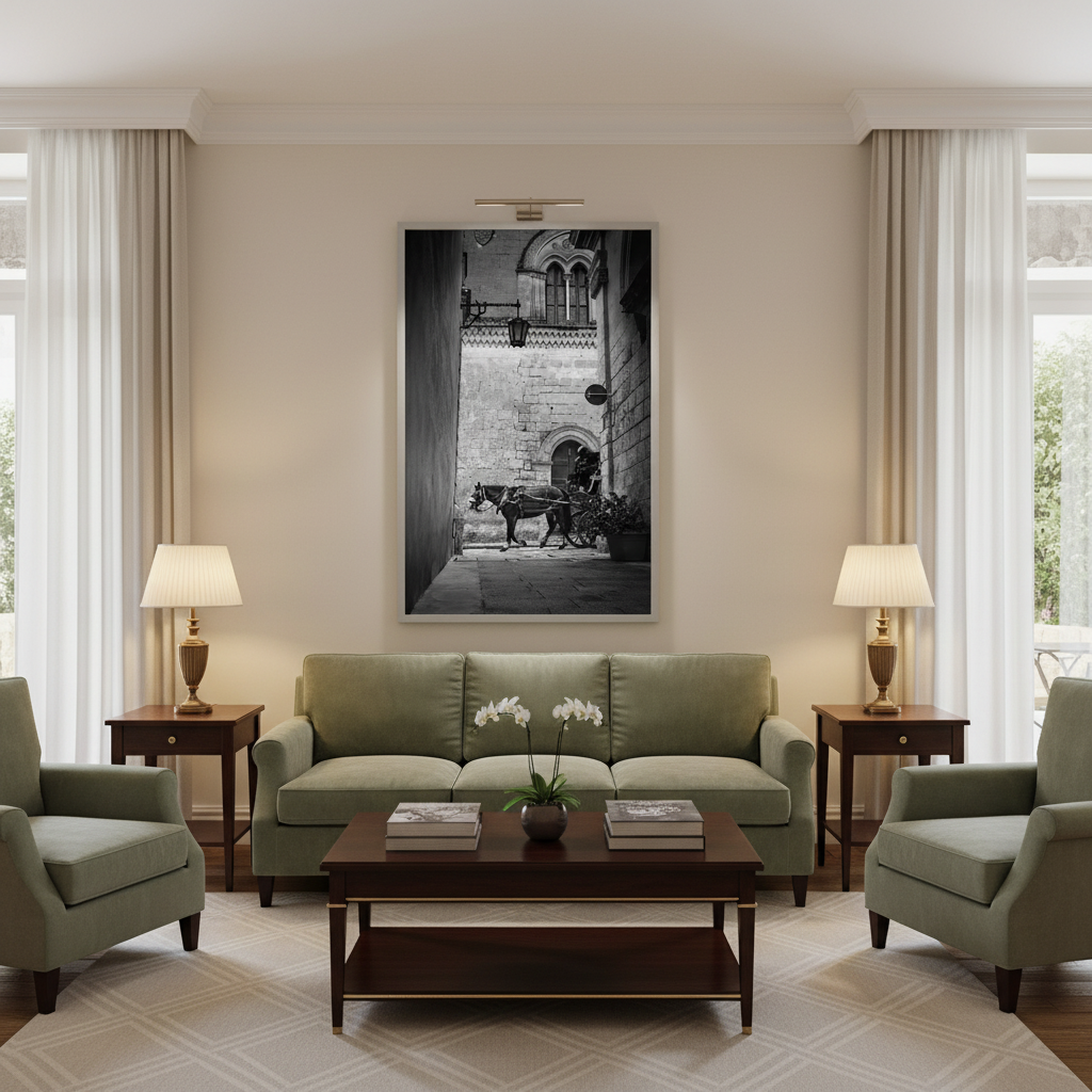 A horse-drawn carriage passes through a narrow, ancient alleyway in Malta's Mdina, with warm light illuminating the historic stone walls. The alley is adorned with potted plants and traditional lamps, evoking a sense of timeless charm. A framed "Malta Mdina Carriage Alley - Wall Art" print is tastefully displayed on an adjacent wall, blending seamlessly with the classic decor.