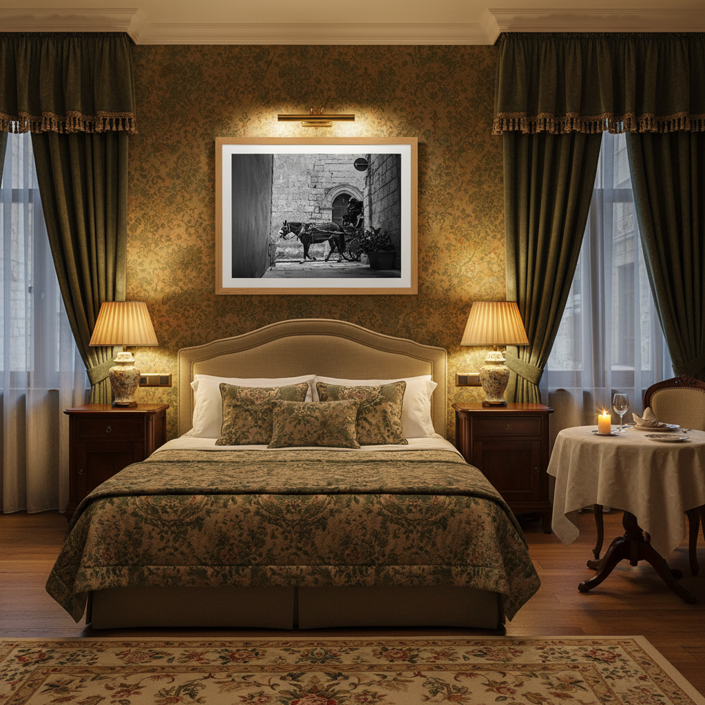 A lifestyle shot of the "Malta Mdina Carriage Alley" wall art hanging above a modern sofa in a living room with natural light.