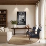 A horse-drawn carriage waits in a sun-drenched, narrow alleyway in Mdina, Malta, with historic stone buildings on either side, and the "Malta Mdina Carriage Alley - Wall Art" prominently displayed on the wall as part of a classic living room’s decor.