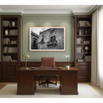 A framed print of the Malta Mdina Cross Balcony hanging above a fireplace in a modern living room.