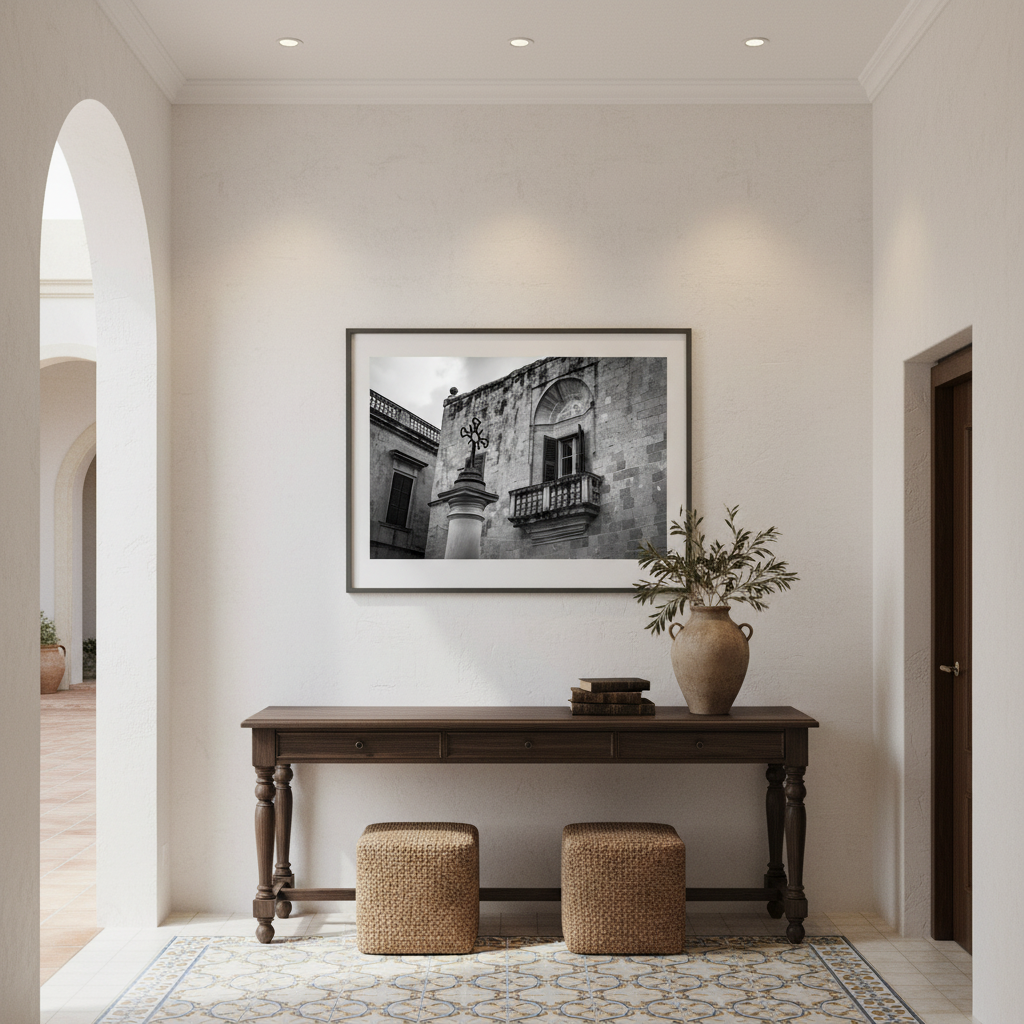 A sunlit room with a large window overlooks a historic European city. Below the window, "Malta Mdina Cross Balcony - Wall Art" is displayed above a modern, minimalist-style sideboard. A green plant in a white pot sits on the sideboard, complementing the artwork.