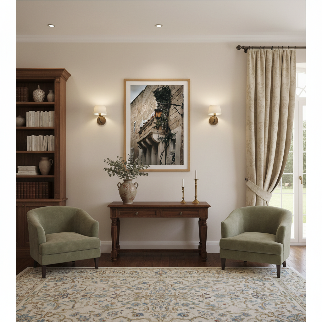 A Malta Mdina Ivy Lantern- Wall Art hanging on a rustic stone wall in a cozy, sunlit living room with a person reading on a sofa nearby, creating a serene and inviting atmosphere.