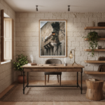 Malta Mdina Ivy Lantern- Wall Art displayed in a luxurious living room with a fireplace, a large window, and cozy furniture, suggesting a warm and inviting atmosphere.