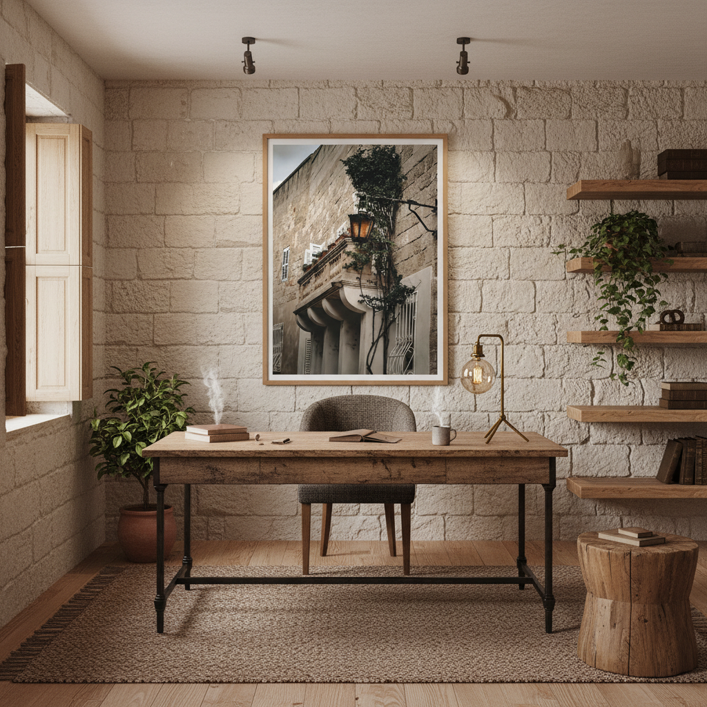 Malta Mdina Ivy Lantern- Wall Art displayed in a luxurious living room with a fireplace, a large window, and cozy furniture, suggesting a warm and inviting atmosphere.