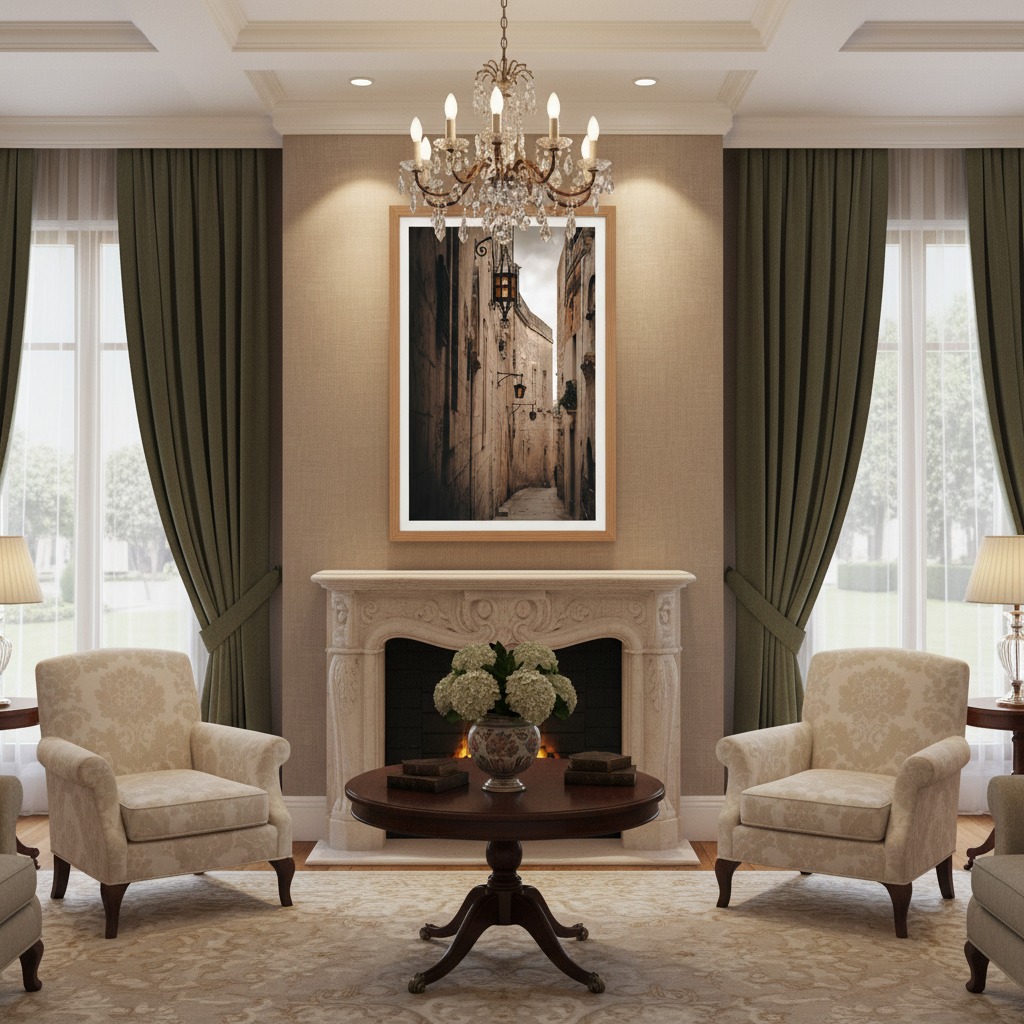 A beautifully lit alleyway in Mdina, Malta, featuring historic stone walls and a rustic lantern, presented as framed wall art in a modern living room setting.