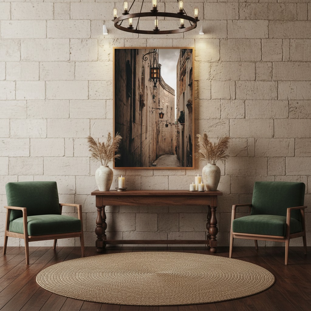 A white modern living room with a large window overlooking a garden, featuring a Malta Mdina Lantern Alley canvas print hung above a light grey sofa with throw pillows and a beige blanket, a round coffee table with books and a candle, a floor lamp, and a potted plant.