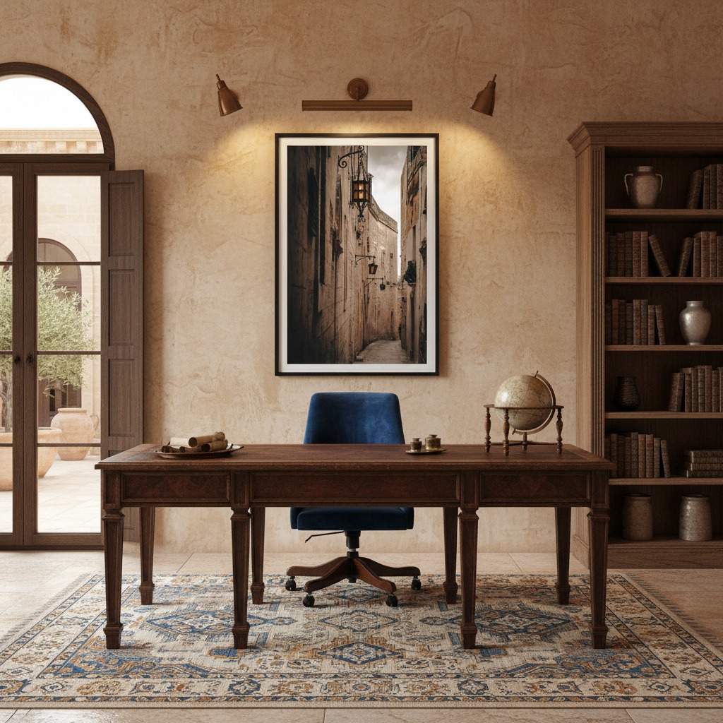 A warm, inviting living room featuring a large, framed print of the Malta Mdina Lantern Alley hanging prominently above a modern sofa. Soft, ambient lighting highlights the artwork and the cozy atmosphere of the room.