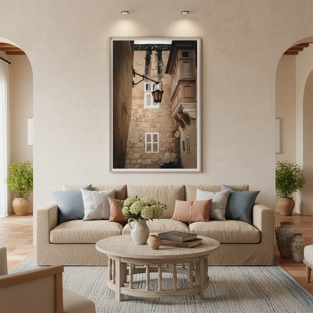 A chic living room featuring a large framed print of Malta Mdina Lantern Lane - Wall Art above a minimalist fireplace, with a cozy armchair and soft lighting creating an inviting atmosphere.