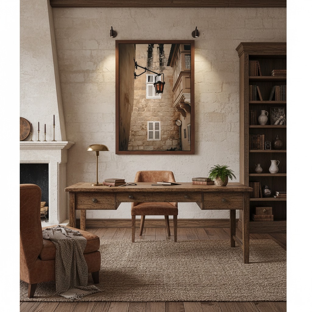 A beautifully lit, narrow pedestrian lane in Mdina, Malta at dusk. Lanterns cast a warm glow on the ancient stone buildings and arched passages, with one lantern prominently featuring the "Malta Mdina Lantern Lane" wall art hanging on the wall.