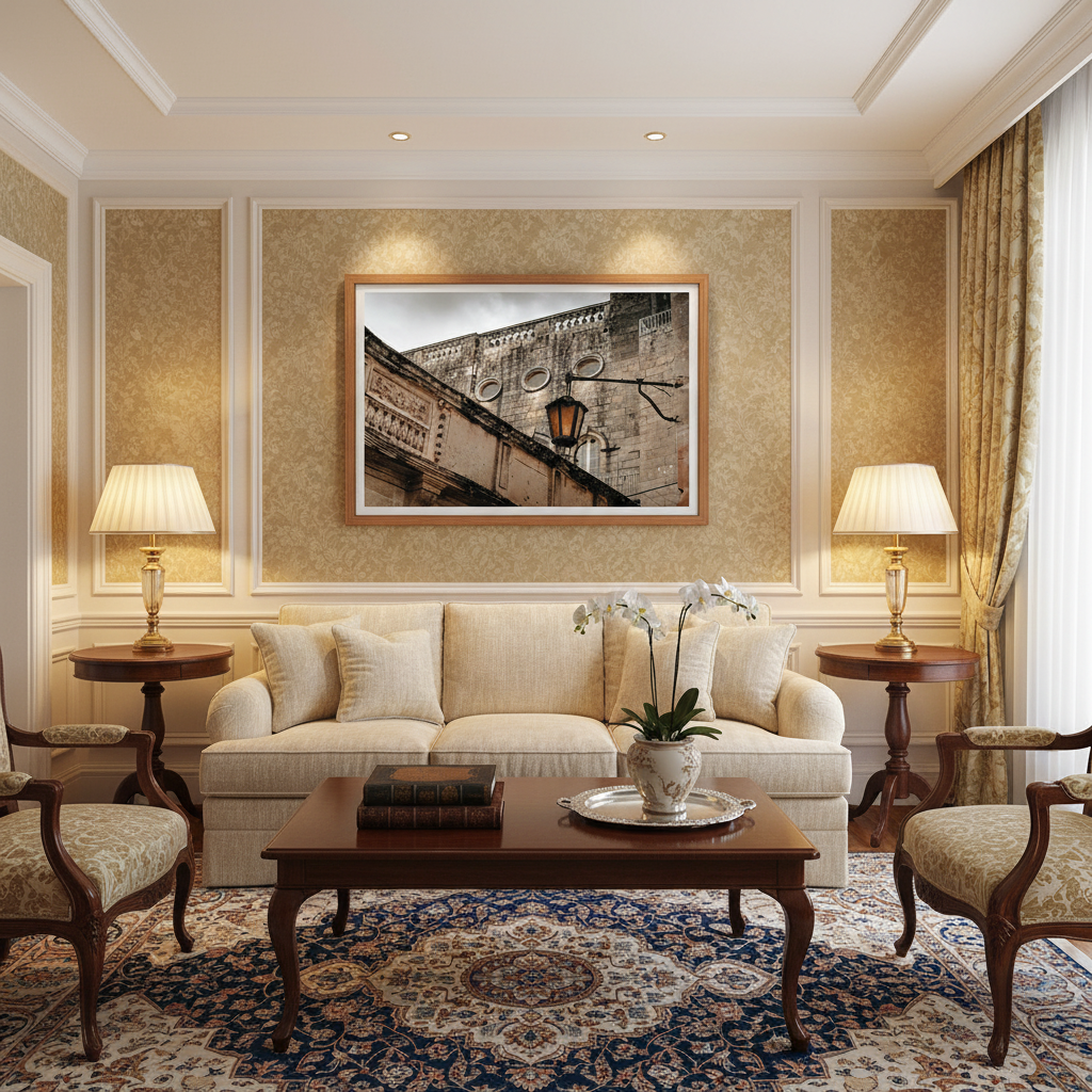 A beautifully sunlit room with minimalist decor features a large, framed print of the Malta Mdina Stone Parapet centered above a light grey sofa, complemented by a natural wood side table with a simple ceramic vase.