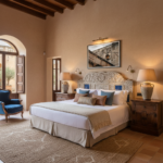 Malta Mdina Stone Parapet wall art showcased in a modern living room above a fireplace with a white mantel, flanked by green plants, and a patterned rug on the floor.