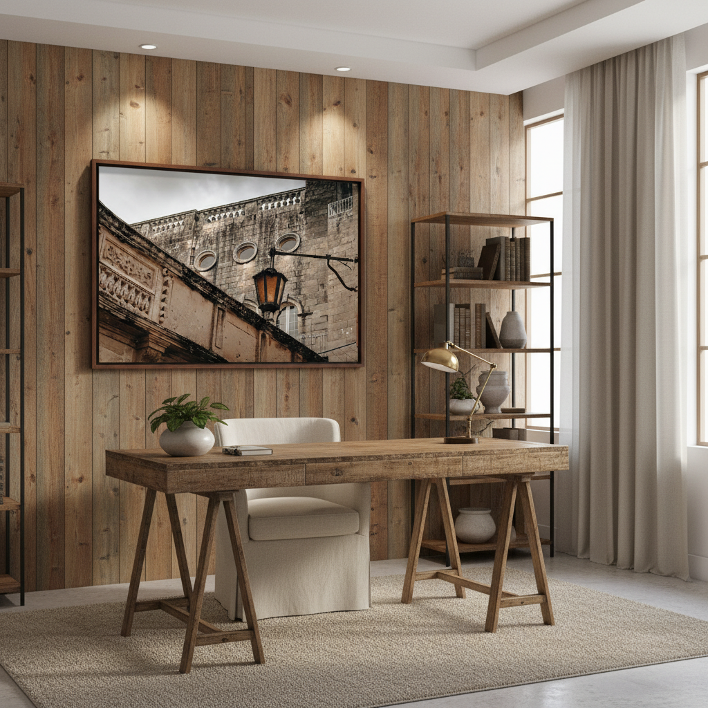 A living room with a large canvas print of a stone parapet, a grey sofa with throw pillows, a coffee table with books and a mug, and a houseplant.