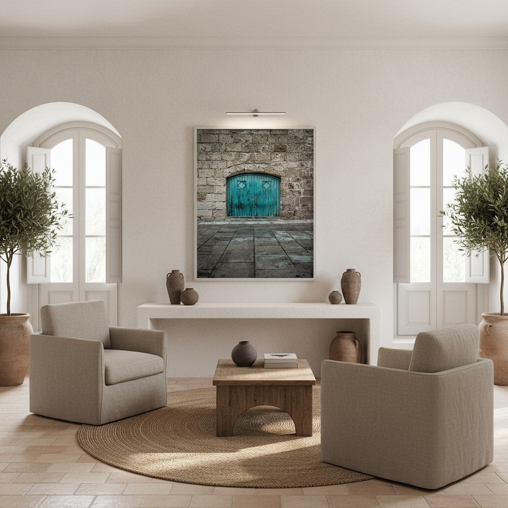 A living room with a neutral-toned sofa, a wooden coffee table with books and a mug, and a large window looking out onto a garden. The ""Malta Mdina Turquoise Arch"" wall art hangs above the sofa, adding a pop of color to the serene space.