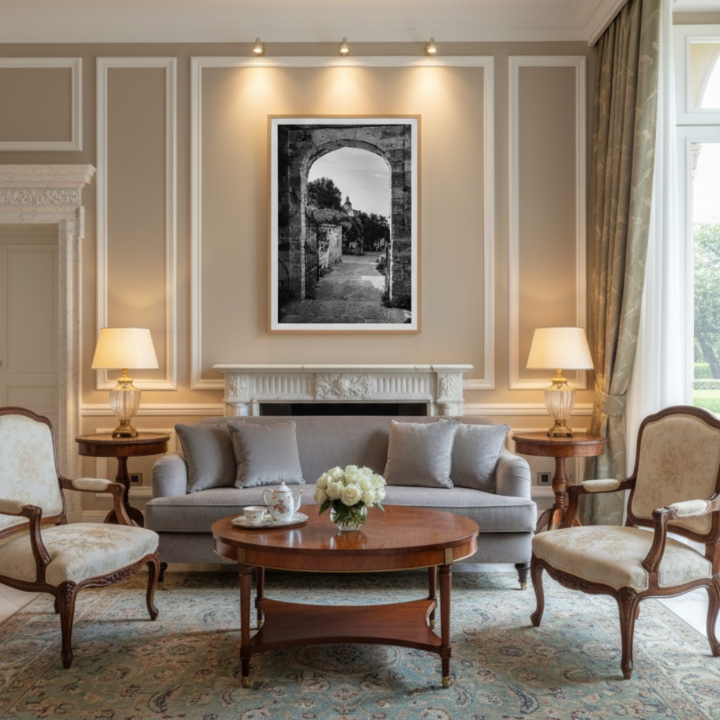 A beautifully lit living room featuring a large framed print of the Malta Mtahleb Church Archway hanging above a modern sofa. Sunlight streams in through a window, highlighting the artwork and the comfortable, stylish decor.