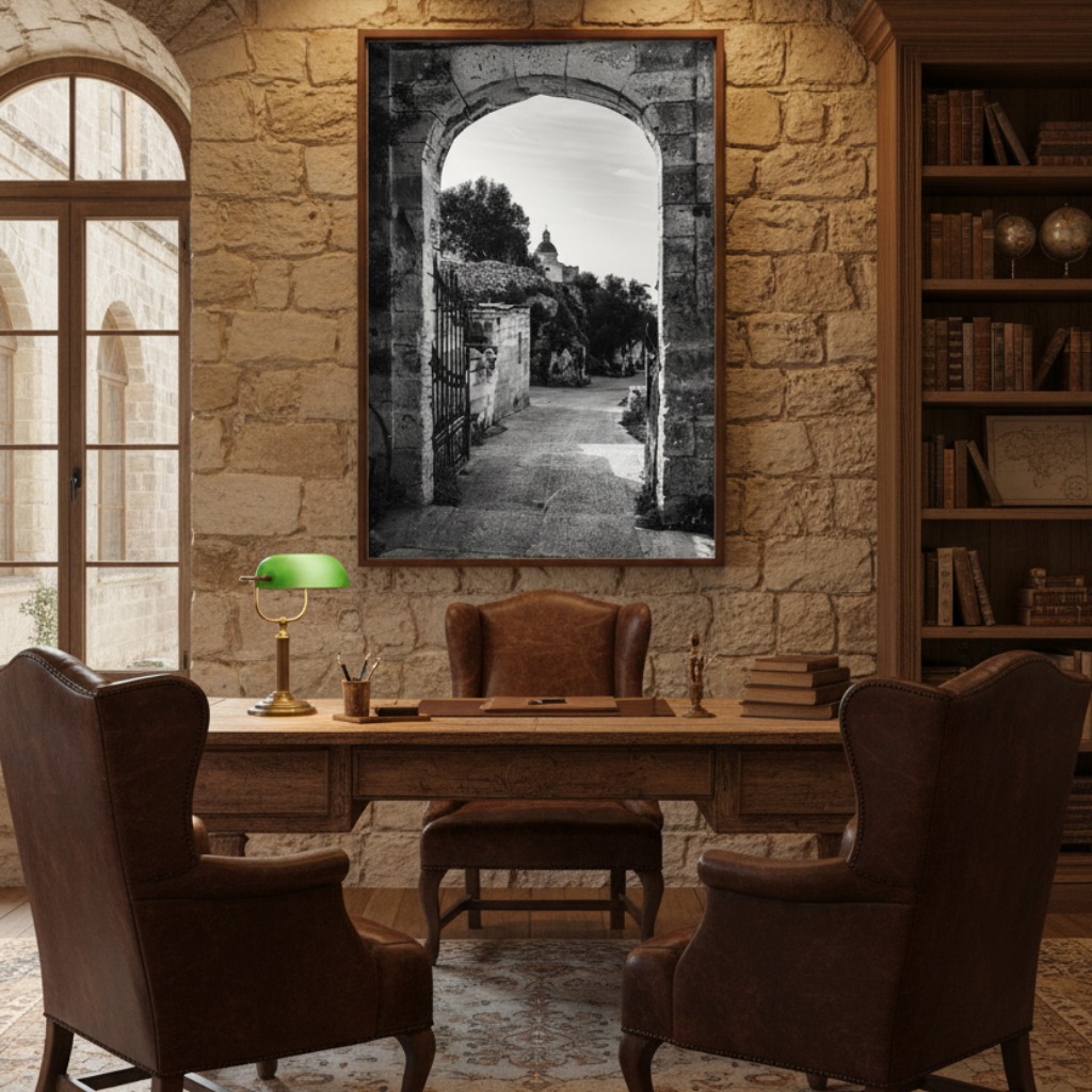 A serene living room with a large window overlooking a garden, featuring the Malta Mtahleb Church Archway wall art prominently displayed above a neutral-toned sofa, perfectly blending with the minimalist decor.