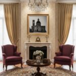 A serene living room with a large window, a comfortable sofa with throw pillows and a blanket, a houseplant, and a framed art print of the Malta Mtahleb Church Dome & Bell Tower hanging on the wall above the sofa, bringing a sense of tranquility and cultural beauty to the space.