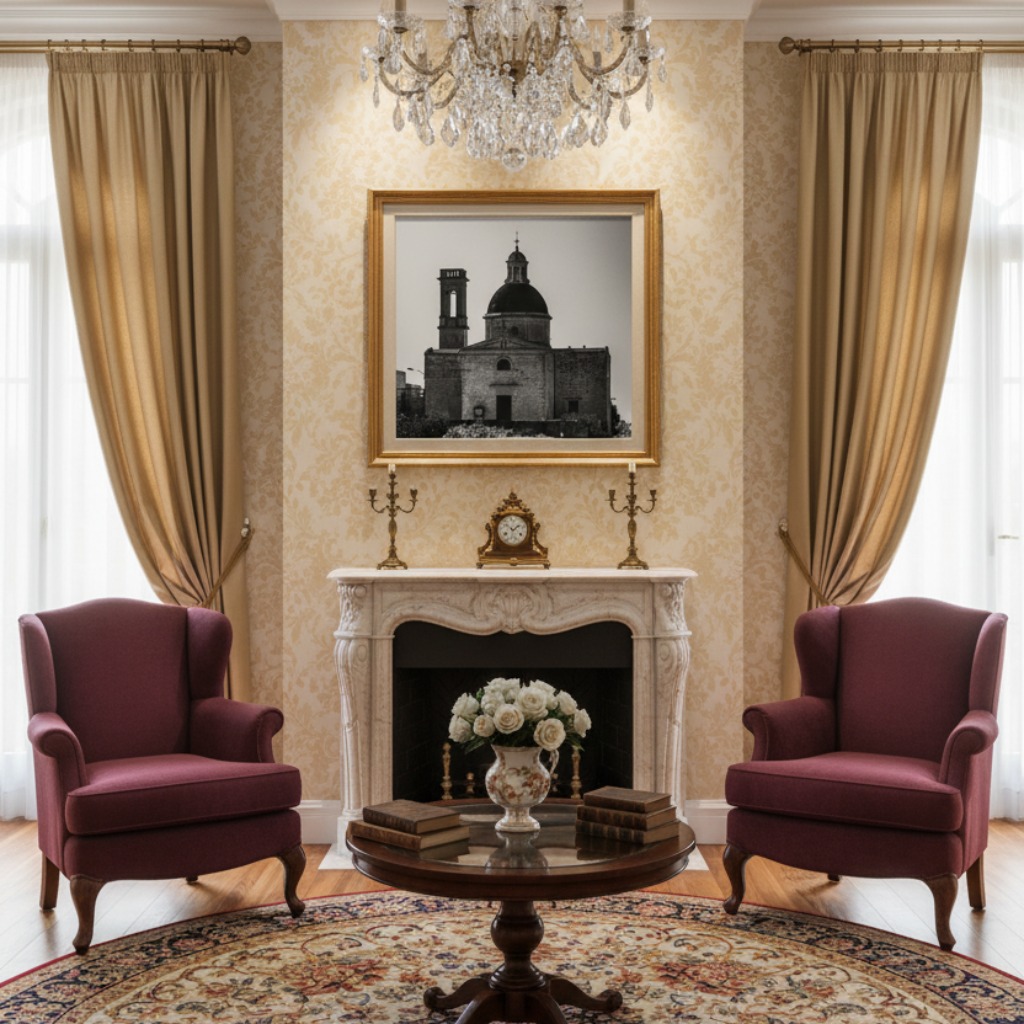 A serene living room with a large window, a comfortable sofa with throw pillows and a blanket, a houseplant, and a framed art print of the Malta Mtahleb Church Dome & Bell Tower hanging on the wall above the sofa, bringing a sense of tranquility and cultural beauty to the space.
