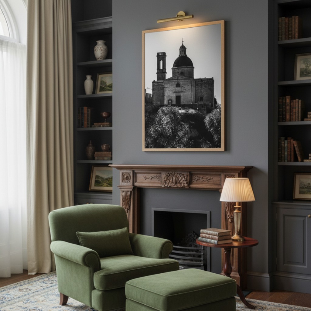 Malta Mtahleb Church Dome & Bell Tower - Malta Wall Art mockup #2 in a modern living room with a large window, a sofa, and plants, showcasing the artwork above the sofa.