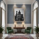 A beautifully designed room featuring a large framed print of the Malta Mtahleb Church Dome & Bell Tower hanging above a modern sofa, with natural light streaming in from a window.