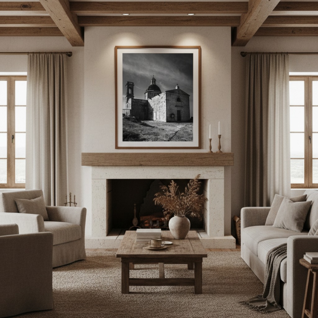 A large, brightly lit living room with a sofa, a large window, and a print of Malta Mtahleb Church hanging on the wall.