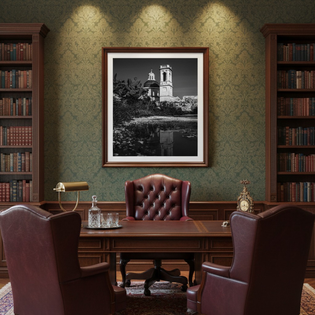 A serene living room with a large window overlooking a natural landscape, showcasing the "Malta Mtahleb Church Reflection - Malta Wall Art" print hanging prominently on a light grey wall above a modern, light-colored sofa. The artwork captures a beautiful reflection of the Mtahleb Church, creating a focal point in the minimalist decor.