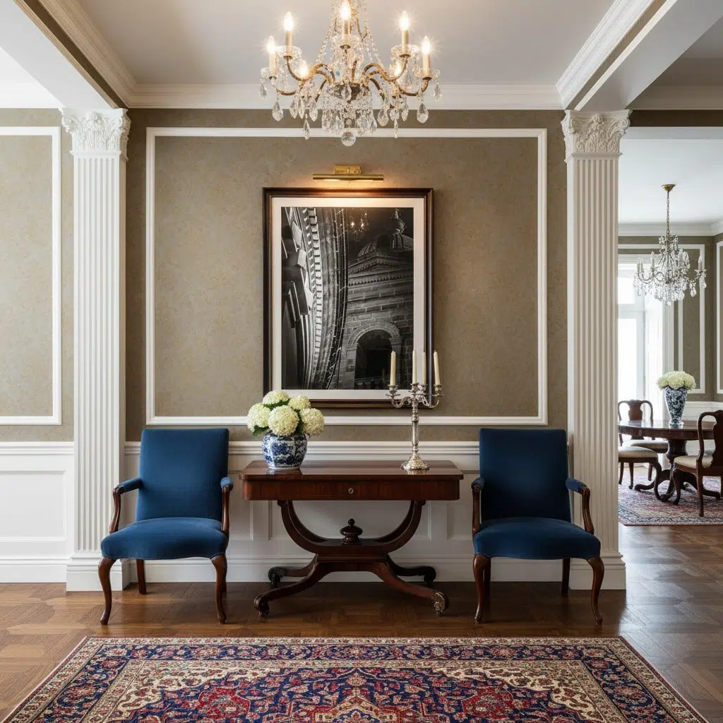 A large, framed print of the Mgarr Malta Church Arch hangs on a light grey wall in a modern living room, above a minimalist off-white sofa. A decorative throw blanket and throw pillow add texture to the sofa. To the left of the sofa, a tall, leafy green plant in a terracotta pot adds a touch of nature. The room is well-lit, suggesting natural light, and the overall impression is clean, serene, and stylish. The artwork itself features the distinctive architecture of the Mgarr Malta Church, with its prominent arch, under a bright sky.