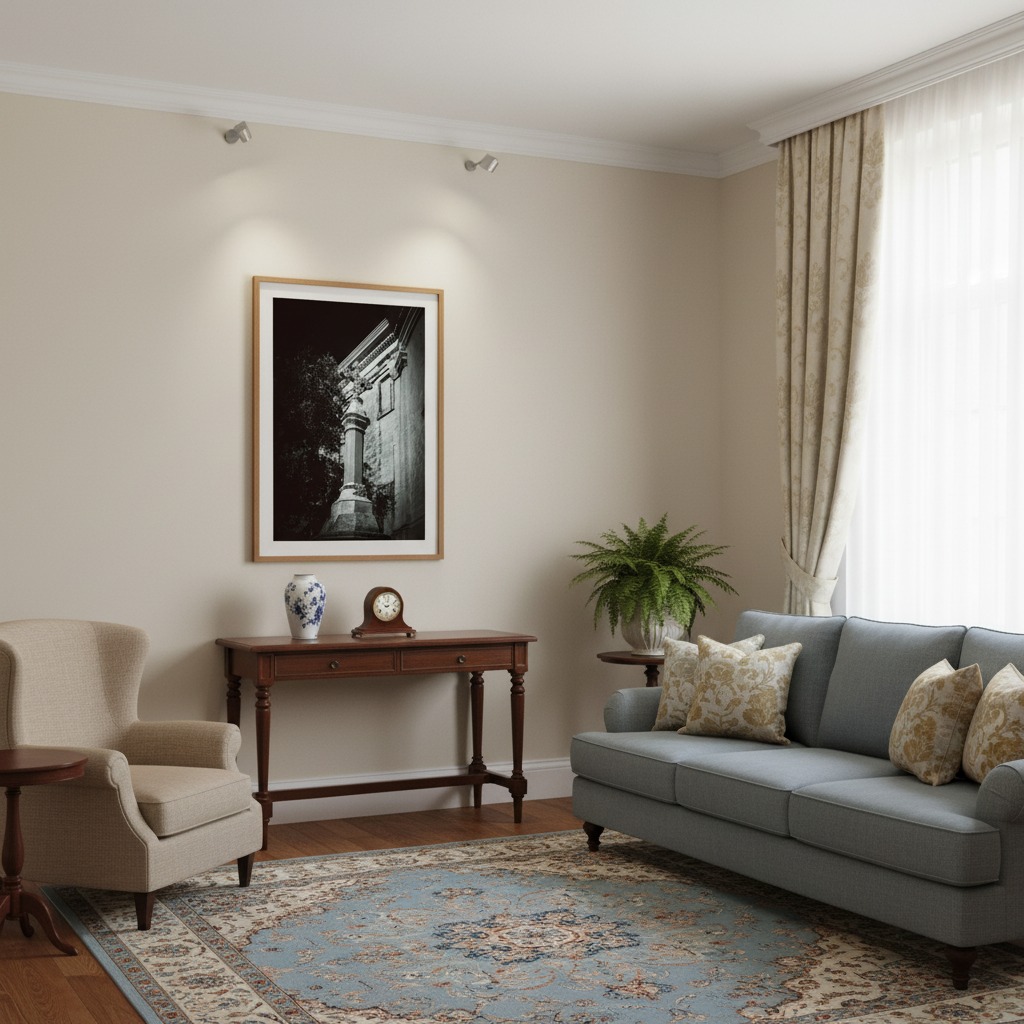 A stunning gold or brass Maltese cross sculpture, intricately designed, is displayed on a textured white wall above a light-colored wooden sideboard. The sideboard is adorned with a variety of stylish decor items, including a gray vase holding delicate dried pampas grass, a stack of art books, and a white ceramic bowl filled with decorative beads. The setting is a bright, modern living room with a large window in the background, allowing natural light to flood the space and highlight the artwork, suggesting a chic and serene home environment.
