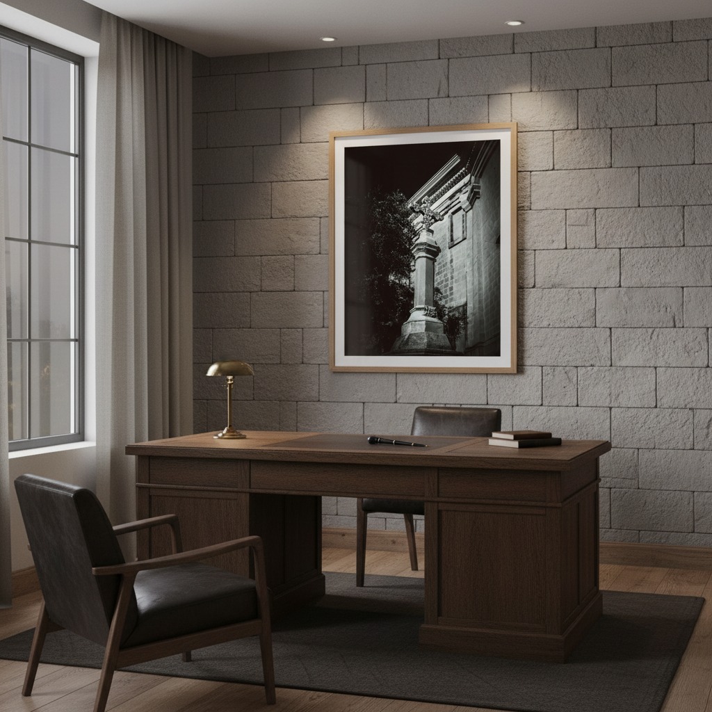 A framed "Mgarr Malta Cross - Wall Art" hangs on a light gray wall above a dark wooden sideboard. On the sideboard, there's a vase with dried pampas grass, a stack of books, and a woven basket, suggesting a modern, minimalist living space.