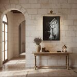 A beautifully lit living room featuring a large, ornate metal cross hanging above a modern sofa. Sunlight streams through a window, highlighting the intricate details of the cross and casting soft shadows. A potted plant sits on a side table next to the sofa.