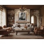 A framed print of the Mgarr Malta Townhouse Steps hangs on a white wall above a light grey sofa with a mustard yellow throw and a decorative cushion. A small wooden side table with a plant and books is to the left of the sofa, and a floor lamp stands in the corner.