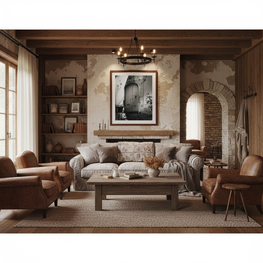 A framed print of the Mgarr Malta Townhouse Steps hangs on a white wall above a light grey sofa with a mustard yellow throw and a decorative cushion. A small wooden side table with a plant and books is to the left of the sofa, and a floor lamp stands in the corner.