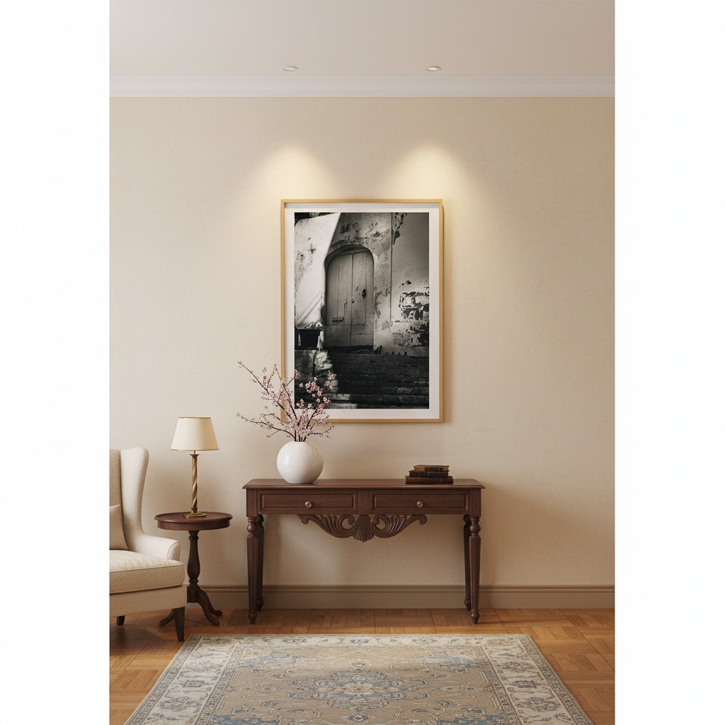 Mgarr Malta Townhouse Steps wall art displayed in a modern living room above a sofa with throw pillows and a coffee table with a plant and books, creating a cozy and inviting atmosphere.