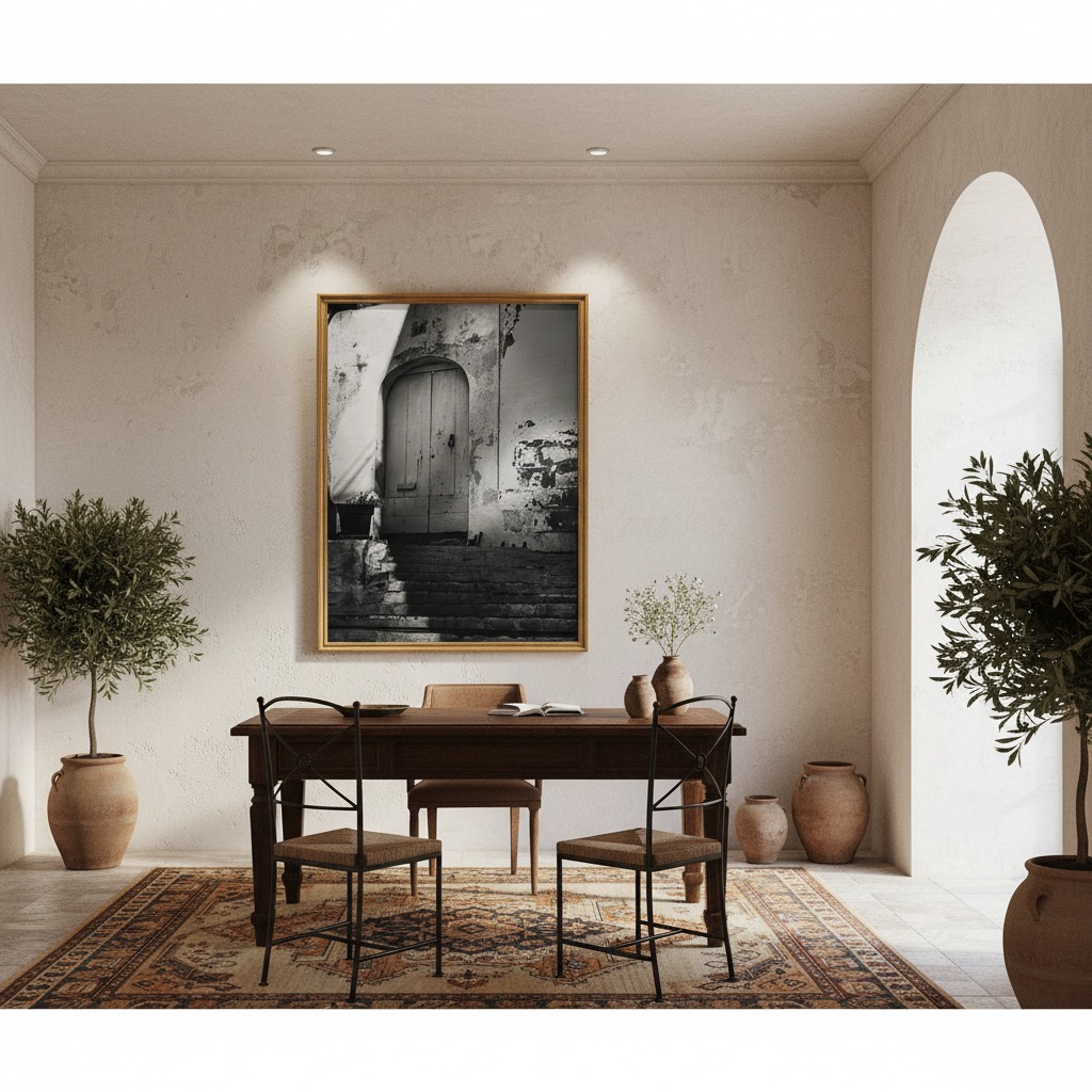 A framed print of the Mgarr Malta Townhouse Steps hangs on a white wall above a beige sofa. A white and black patterned cushion rests on the sofa, and a cream-colored throw blanket is draped over its arm. A small, dark-wood end table with a minimalist white lamp sits to the left of the sofa. The overall setting is a bright, modern living room.