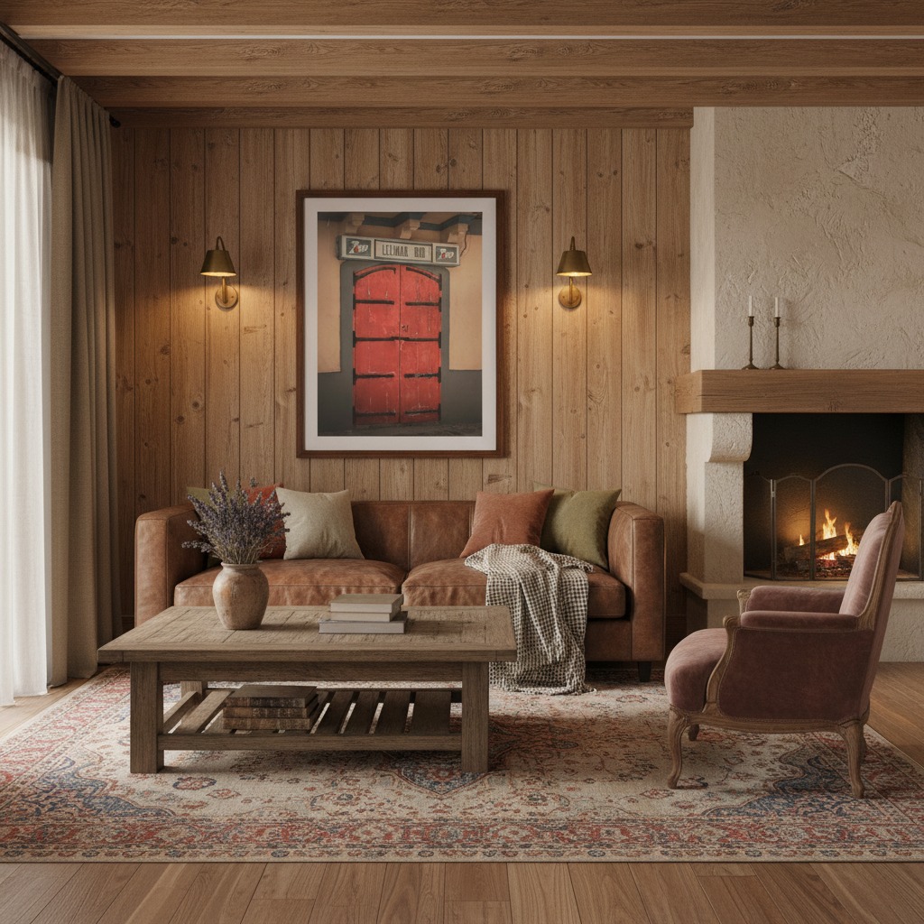 A minimalist living room with a large window overlooking a city street, featuring a "Rabat Malta Lelimar Bar" wall art print on the main wall, a grey sofa with throw pillows, a potted plant, and a wooden coffee table with books and a mug.
