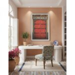 A stylish living room featuring the "Rabat Malta Lelimar Bar - Wall Art" hanging above a modern sofa, with warm lighting and decorative accents creating an inviting atmosphere.