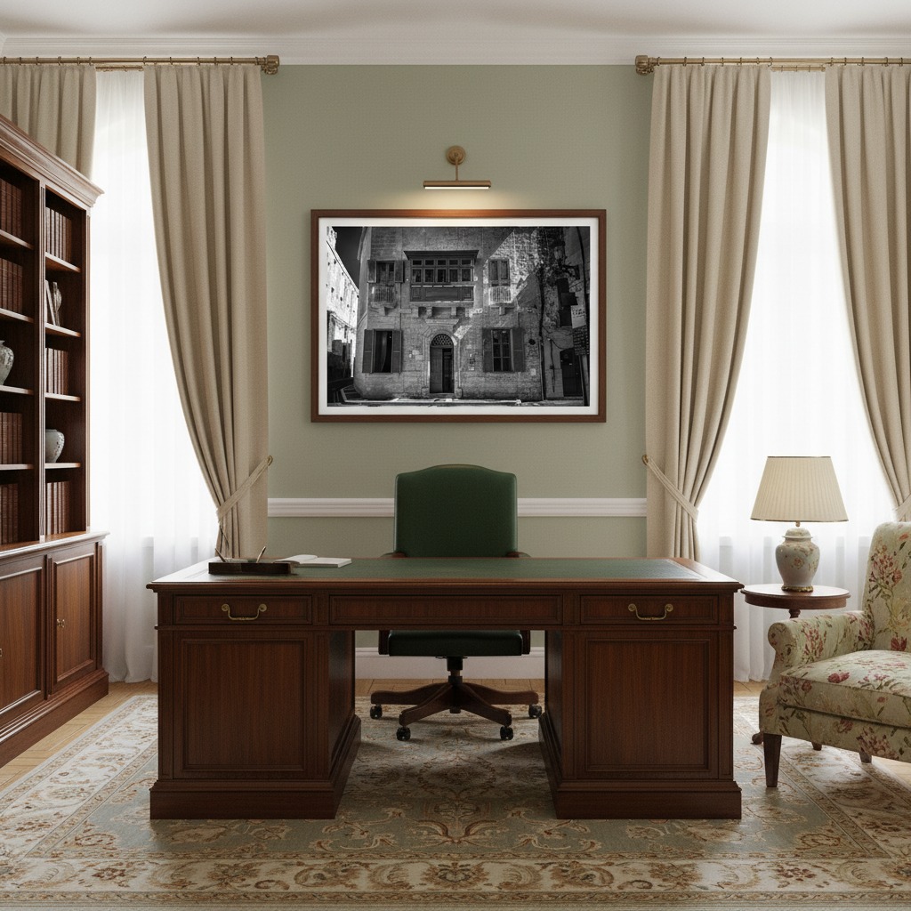 A lifestyle shot of the "Rabat Malta Triq il-Kbira Local Council - Wall Art" hanging on a rustic, exposed brick wall above a light-colored wooden sideboard with a woven basket and a green plant. Sunlight streams in from a window to the left, illuminating the artwork and the room.