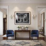 A lifestyle image featuring the "Rabat Malta Triq il-Kbira Local Council - Wall Art" displayed in a modern living room above a sofa with throw pillows and a coffee table with books and a plant. Sunlight streams in from a window, highlighting the artwork.