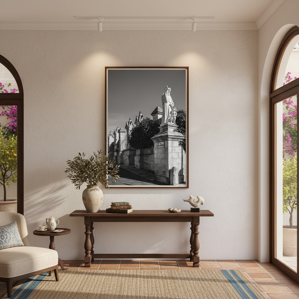 A framed print of Rabat Malta Vjal Santu Wistin - Malta Wall Art hanging on a light grey wall above a modern, light-colored sofa with throw pillows in a beautifully decorated living room. Sunlight streams in from a nearby window, illuminating the artwork and the cozy interior. A small, round wooden side table with a plant sits next to the sofa.