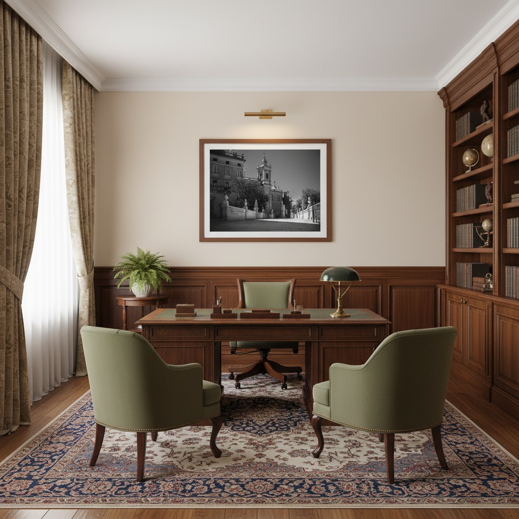 A coastal living room with a large window overlooking the sea. A digital print of Rabat Malta Zuntier St. Pauls Church View is hanging on the wall above a light grey sofa with throw pillows.