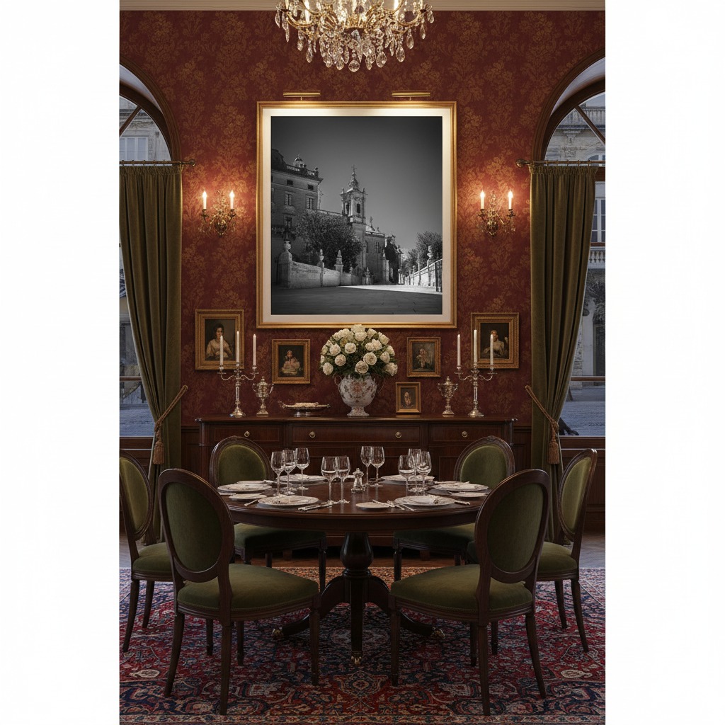 A stylish living room featuring a large framed print of "Rabat Malta Zuntier St. Pauls Church View" over a sofa, with natural light filtering in, creating a serene and inviting atmosphere.