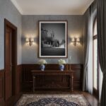 A chic living room with a large, framed print of Rabat Malta Zuntier St. Pauls Church View hanging above a modern sofa, showcasing the artwork in a natural home environment.