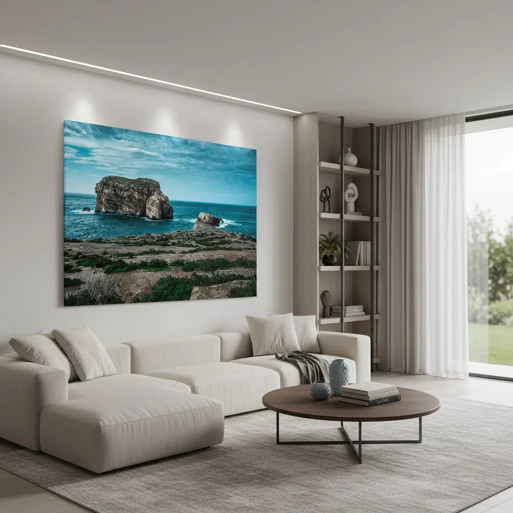 Gozo Dwejra Fungus Rock at blue hour, captured in a lifestyle shot showing a person enjoying the view from a distance, highlighting the natural beauty and the serene atmosphere of the location.
