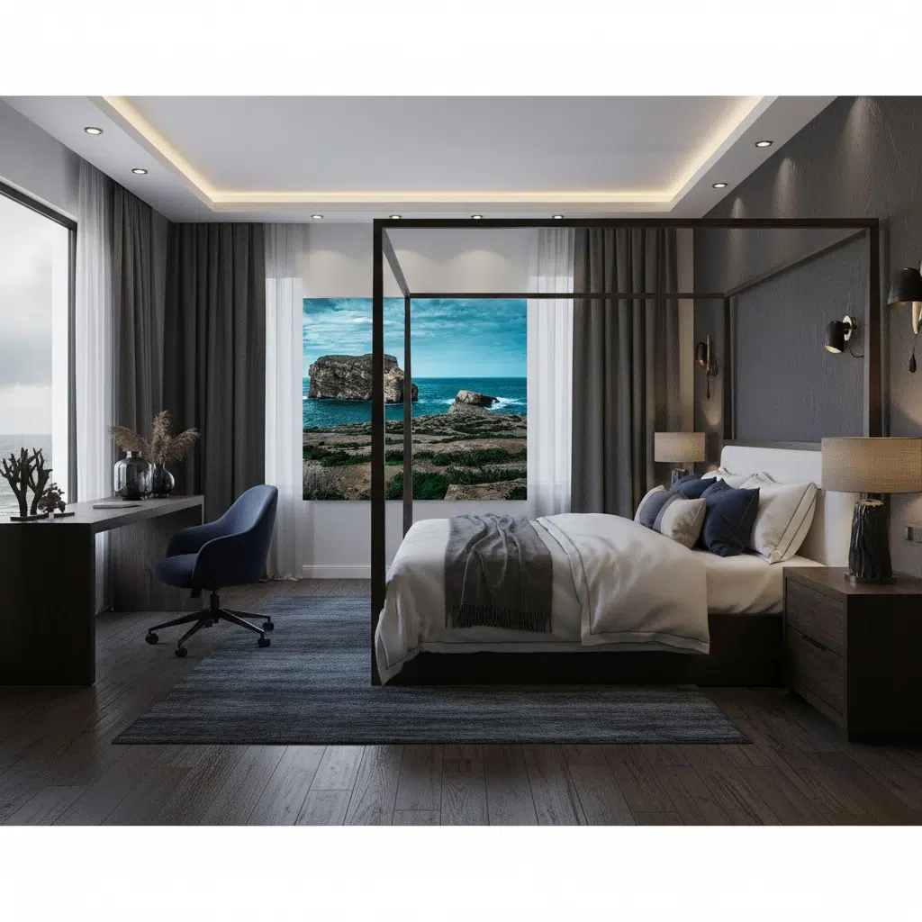 A person gazes at the majestic Fungus Rock in Gozo, Malta during blue hour, with the Dwejra Bay in the background. The sky is a deep indigo, reflecting in the calm waters.