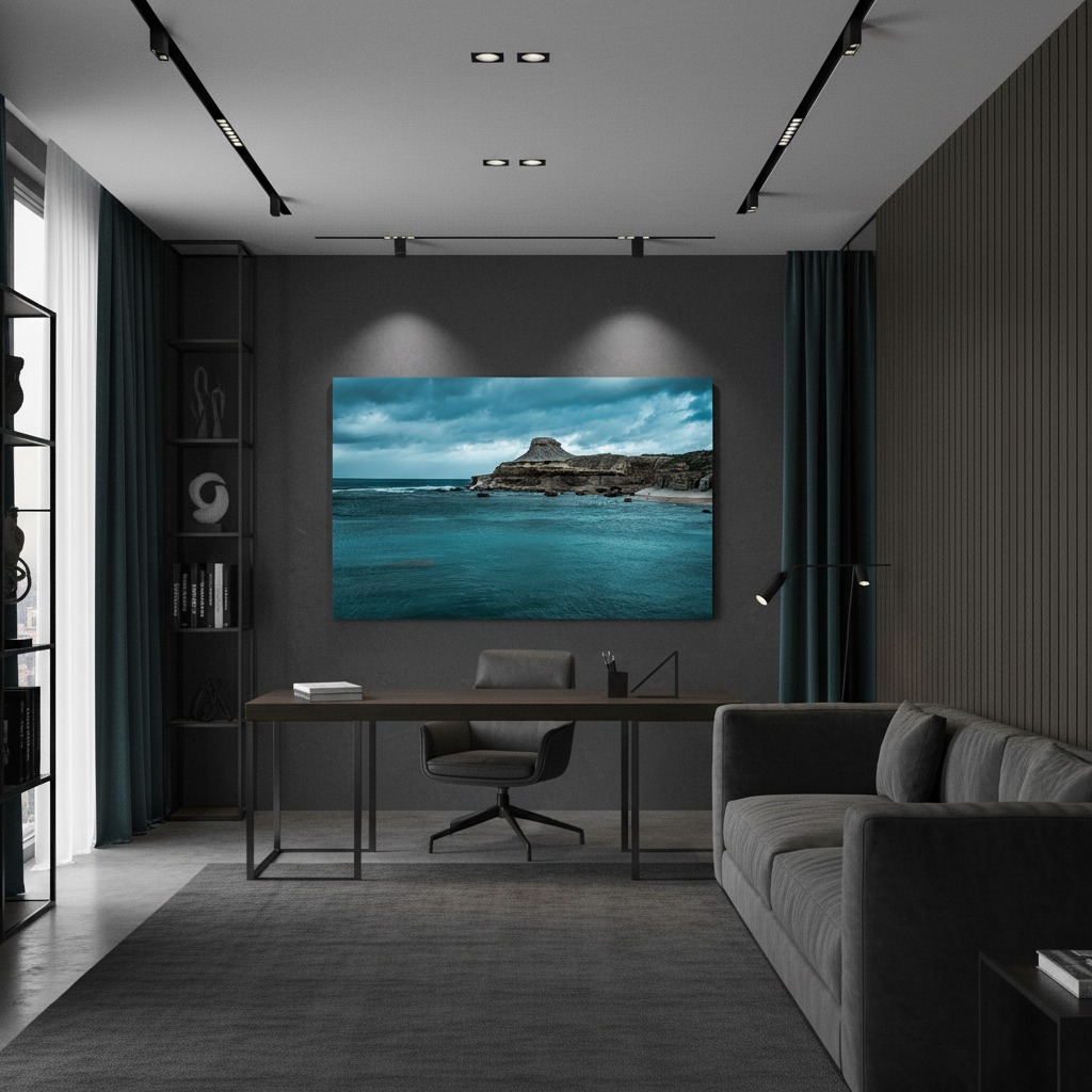Gozo Qbajjar Qolla l-bajda Blue Hour artwork displayed in a modern living room with a person relaxing on a sofa, reading a book, and a warm lamp illuminating the space.