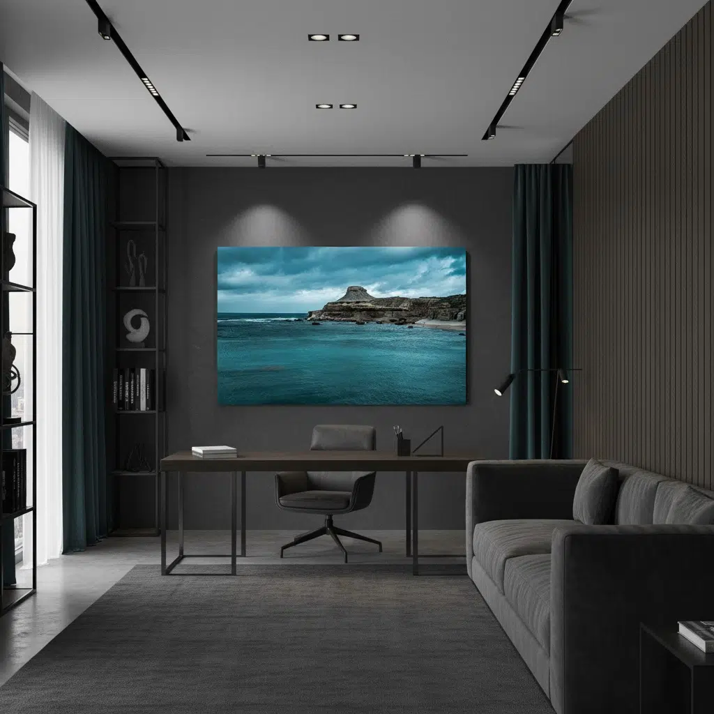 Gozo Qbajjar Qolla l-bajda Blue Hour artwork displayed in a modern living room with a person relaxing on a sofa, reading a book, and a warm lamp illuminating the space.