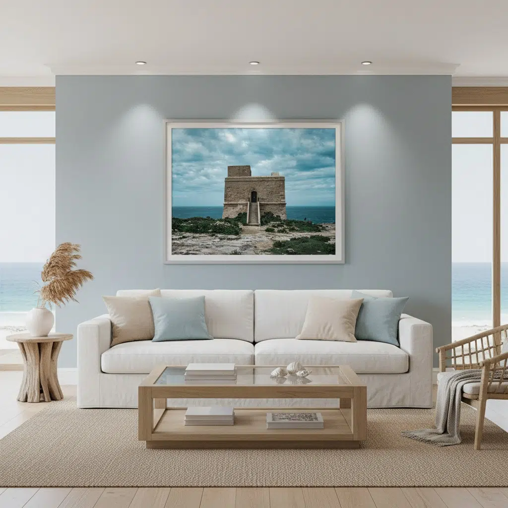 A person stands on a rocky beach at dusk, gazing at the Dwejra Tower under a twilight sky. The scene is illuminated by the soft glow of the blue hour, highlighting the tower's historic architecture and the rugged coastline.